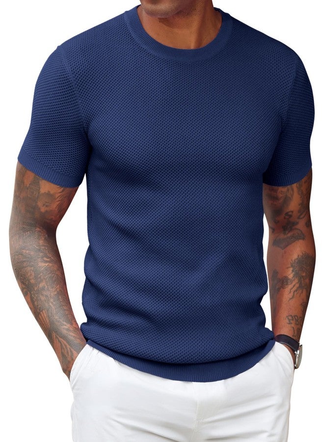 COOFANDY Mens Short Sleeve Under Blazer Shirts Casual Vacation Knit Tee Shirt Crew Neck Tshirts Navy Blue - Image 1